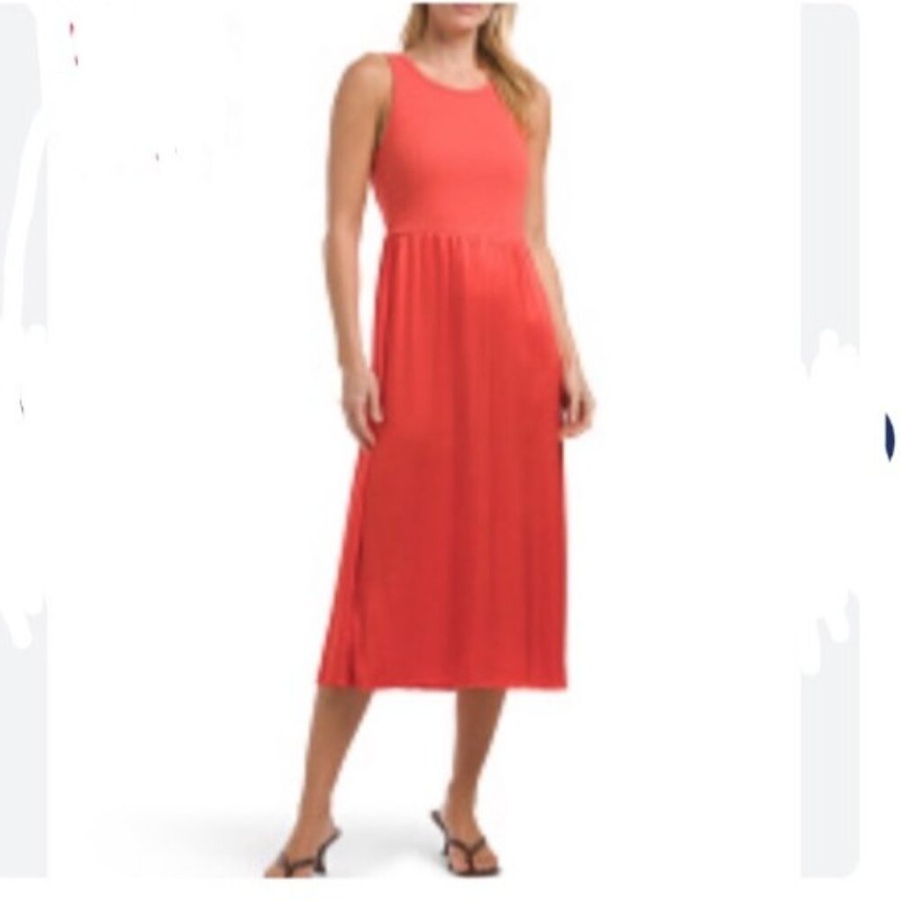 Smocked Bodice Sleeveless Red Midi Dress With Crisscross Back Medium